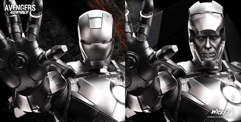 May include: A grayscale image of a metallic Iron Man suit, with the text "AVENGERS ASSEMBLE" in the upper left corner. The suit's hand is extended, and the face of the character is visible. The image has a dramatic, action-oriented feel.