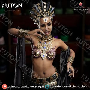 May include: A digital render of a fantasy figure, adorned with elaborate gold and blue jewelry, including a headdress and chest piece. The figure wears a black skirt and arm drapes. The image includes the text "KUTON" and "FIGURINES & MINIATURES".