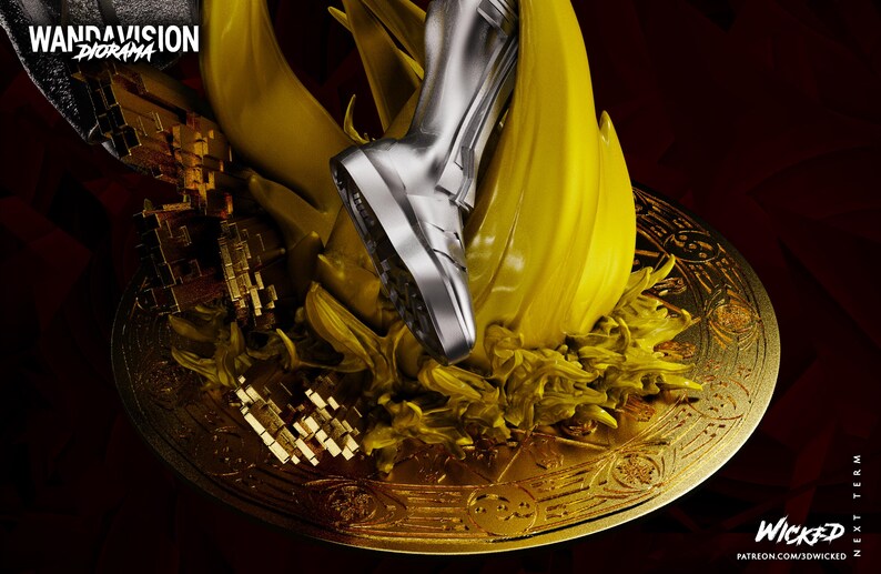 May include: A detailed diorama featuring a silver boot stepping onto a golden, ornate base. The base is surrounded by yellow, flame-like structures. The words "WandaVision Diorama" are visible in the upper left corner.