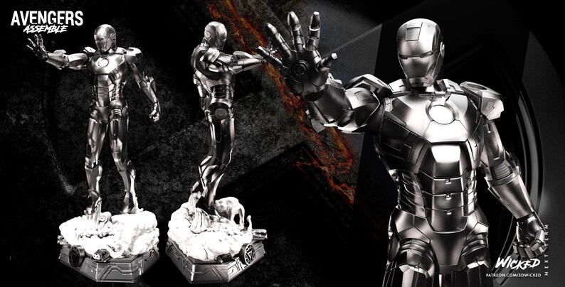 May include: A metallic silver Iron Man statue in a dynamic pose, with the text "AVENGERS ASSEMBLE" in the upper left corner. The statue is on a white base, and the background is dark with a fiery effect.