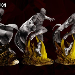 May include: A grayscale diorama of a superhero figure in a dynamic pose, with a flowing cape and a base of yellow and gold flames. The text "WandaVision Diorama" is at the top.