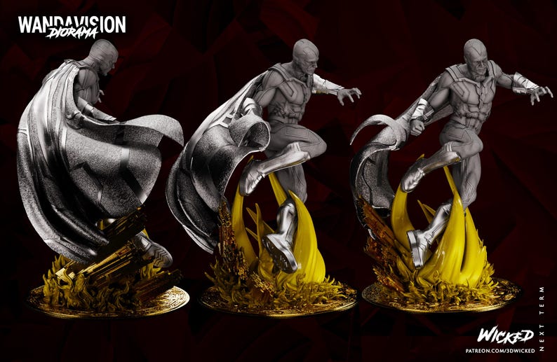 May include: A grayscale diorama of a superhero figure in a dynamic pose, with a flowing cape and a base of yellow and gold flames. The text "WandaVision Diorama" is at the top.