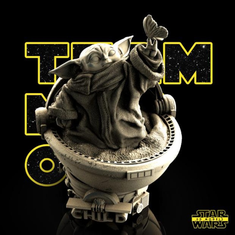 May include: A detailed 3D model of a character from Star Wars, holding a butterfly. The figure is seated in a pod, with the text "TEAM NO ONE" and "THE CHILD" visible. The background is black, with the Star Wars logo.
