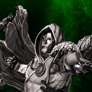 May include: Black and white statue of Doctor Doom, a comic book character, with a hooded cowl and cape. The statue is highly detailed, with intricate armor and a menacing pose. The Doctor Doom logo is in the upper left corner.