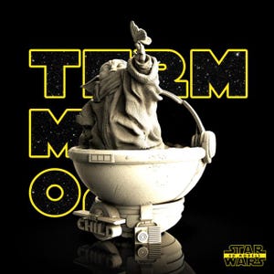 May include: A 3D model of a character from the Star Wars series, holding a butterfly. The character is in a pod-like carrier. The words "TERM MODEL" are in yellow block letters. The Star Wars logo is in the bottom right corner.