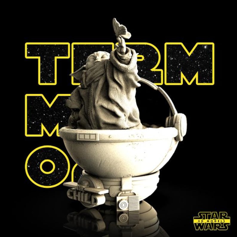 May include: A 3D model of a character from the Star Wars series, holding a butterfly. The character is in a pod-like carrier. The words "TERM MODEL" are in yellow block letters. The Star Wars logo is in the bottom right corner.