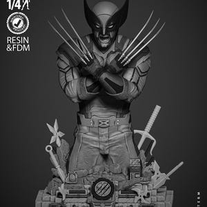 May include: A grayscale statue of Wolverine, a Marvel Comics character, with his claws extended. The figure is in a dynamic pose, with a detailed costume and facial expression. The base includes weapons and the text "WICKED".