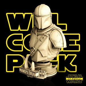 May include: A sepia-toned bust of The Mandalorian, a character from Star Wars, with the text "WELCOME PACK" in yellow. The bust features a helmet, armor, and a shoulder cape. The base includes the text "MANDALORIAN" and the Star Wars logo.