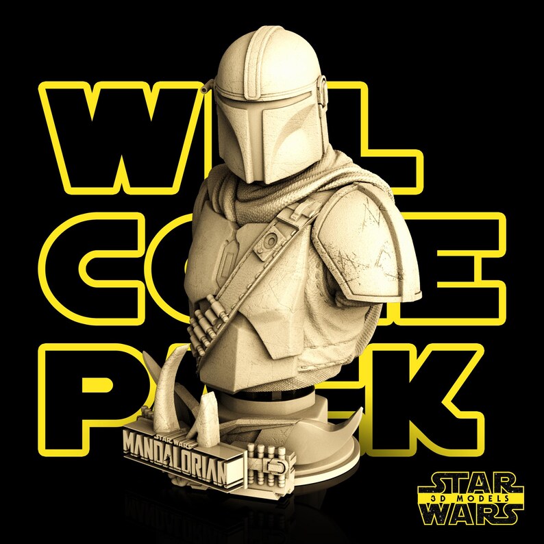 May include: A sepia-toned bust of The Mandalorian, a character from Star Wars, with the text "WELCOME PACK" in yellow. The bust features a helmet, armor, and a shoulder cape. The base includes the text "MANDALORIAN" and the Star Wars logo.
