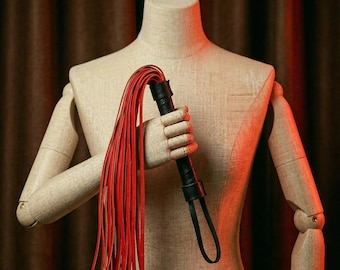 Handmade Leather Flogger Whip | Black Red 50 Tail Design | Cosplay & Controlplay Accessories | Leather Gift For Her