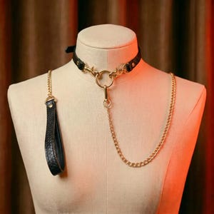 May include: Black leather collar with gold-colored hardware, including a large ring and chain. The collar has a matching handle. The design is displayed on a mannequin.