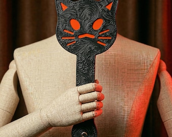 Handmade Leather Spanking Paddle | Black Red Cat Design | Adults Impact Toy | Cosplay & Controlplay Accessories | Leather Gift For Her