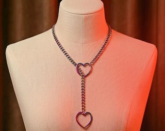 Iridescent Chain Necklace with Heart Charm | Y2K Punk Choker with Rainbow Colorful Shine | Solid Stainless Steel Handmade Goth Jewelry Gift