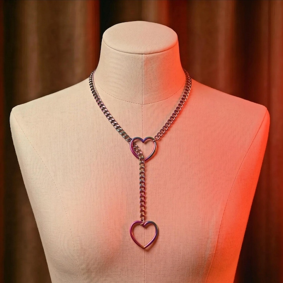 Iridescent Chain Necklace with Heart Charm | Y2K Punk Choker with Rainbow Colorful Shine | Solid Stainless Steel Handmade Goth Jewelry Gift