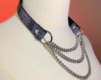 Gothic Leather Choker with Purple Textured Pattern | Adjustable Chain Leash | Unisex Breathless Fashion Collar | Statement Accessory Gift