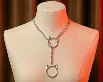 Cadena plateada con aro de cabeza de gato / Gargantilla gótica punk estilo años 2000 / Accesorio versátil para uso diario y festivales de música / Regalo para ella