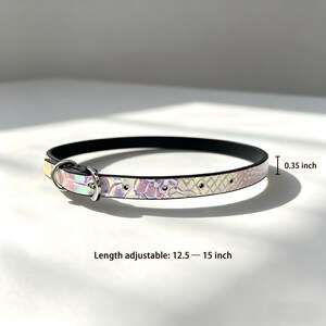 May include: A holographic dog collar with a black interior. The collar is 0.35 inches wide and adjustable from 12.5 to 15 inches in length. It features a silver metal ring and a pattern that resembles scales.