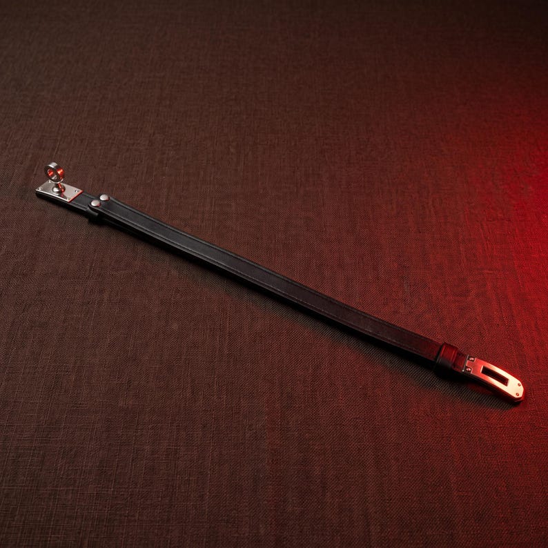May include: A black leather strap featuring a silver-toned metal ring attached to a rectangular plate at one end and a silver-toned metal buckle mechanism at the opposite end, secured with two small silver-toned rivets near the ring attachment.