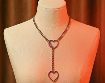 Y2K Iridescent Heart Slip Chain Choker | Punk Grunge Edgy Colorful Lariat Necklace | Statement Egirl Everyday Party Jewelry | Gift For Her