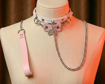 Handmade Pink Leather Collar & Chain Leash Set | Dog Bone Tag Pendant | Cosplay, Roleplay and Control Play Accessory |Sweet Gift for Couples