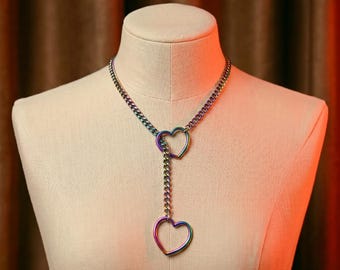 Iridescent Chain Necklace with Heart Charm | Y2K Punk Choker with Rainbow Colorful Shine | Solid Stainless Steel Handmade Goth Jewelry Gift