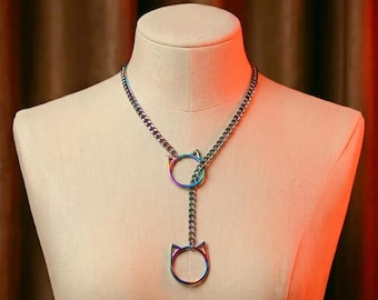 Cadena iridiscente con aro de oreja de gato / Gargantilla gótica punk Y2K / Accesorio versátil para uso diario y festivales de música / Regalo para ella