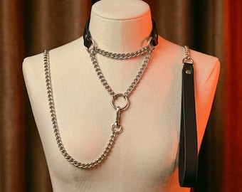 Zwarte leren choker met ketting | Afneembare O-ring kraag | Gothic-punk leren martingaalhalsband | Cadeau voor haar