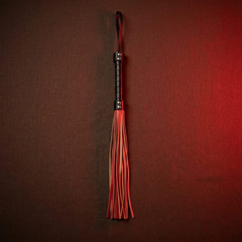 May include: A black and red flogger with a leather handle and a loop at the top. The handle is wrapped in black leather and secured with metal rivets. The fall is made of red and tan leather strips.