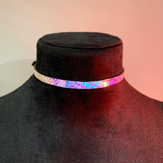 Holographic Leather Choker | Thin Iridescent Punk Collar | Adjustable Goth Jewelry | Daily Minimalist Style | Leather Gift for Her/Him