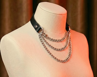 Black Leather Chain Choker | Gothic Punk Day Collar | Slip Chain Grunge Statement Leather Necklace | Gift for Her