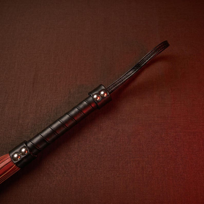 May include: A black leather whip with a handle wrapped in black leather and secured with silver rivets. The whip's end is a bundle of red leather strips. The background is a dark brown textured surface.