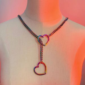 Iridescent Chain Necklace with Heart Charm | Y2K Punk Choker with Rainbow Colorful Shine | Solid Stainless Steel Handmade Goth Jewelry Gift