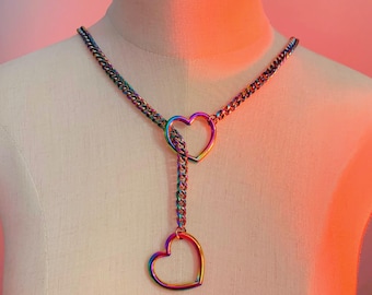 Iridescent Chain Necklace with Heart Charm | Y2K Punk Choker with Rainbow Colorful Shine | Solid Stainless Steel Handmade Goth Jewelry Gift