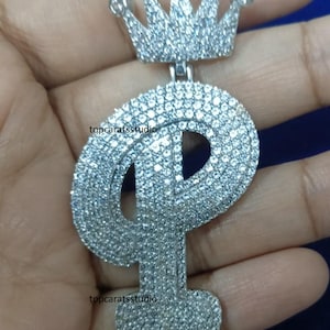 3 Ct Round Cut Real Moissanite Men&#39;s Initial Letter P Charm Pendant 14k White Gold Plated 925 Sterling Silver