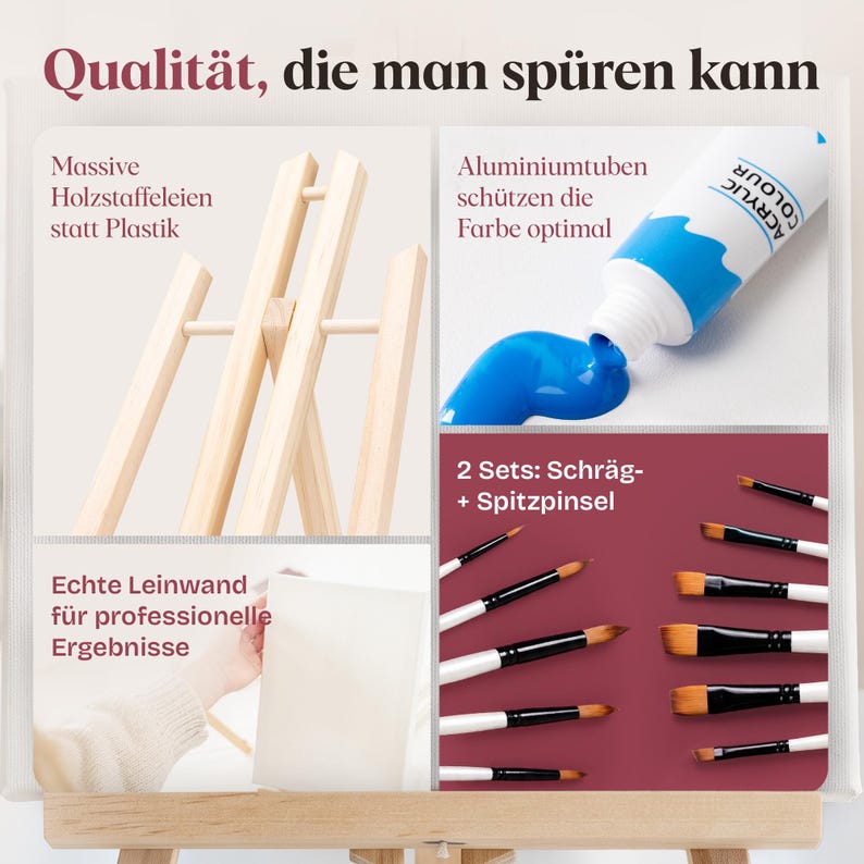 May include: A collage featuring a wooden easel, a tube of blue acrylic paint, a blank white canvas, and two sets of paintbrushes with white handles and dark bristles. The text reads: "Qualit&auml;t, die man sp&uuml;ren kann", "Massive Holzstaffeleien statt Plastik", "Aluminiumtuben sch&uuml;tzen die Farbe optimal", "Echte Leinwand f&uuml;r professionelle Ergebnisse", and "2 Sets: Schr&auml;g- + Spitzpinsel".