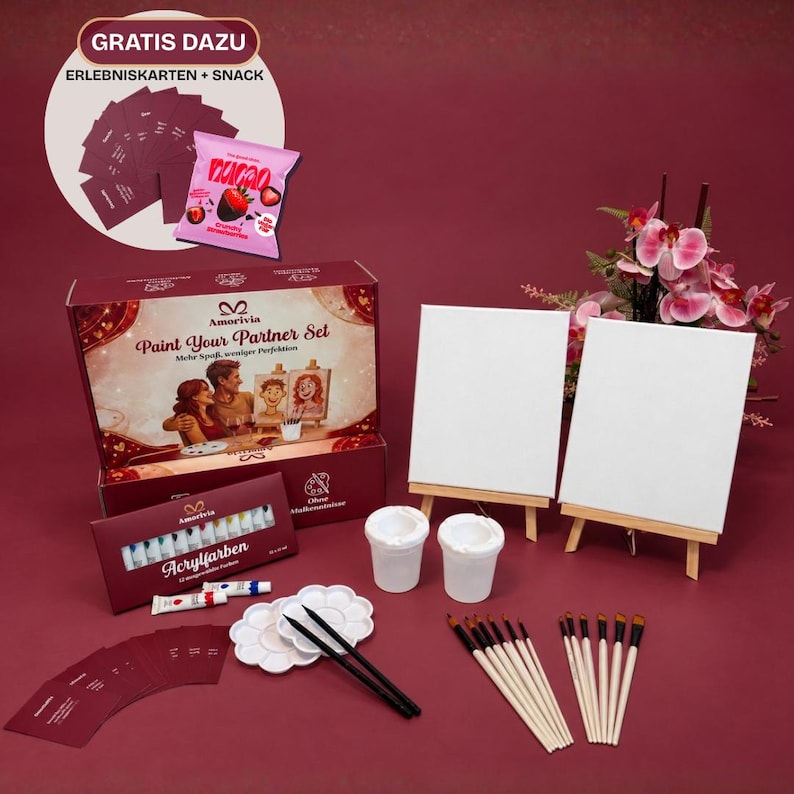 May include: A Paint Your Partner Set including a box with illustrations, two blank canvases on wooden easels, twelve acrylic paint tubes, two white plastic palettes, two water cups, two black brushes, ten paint brushes, and a pack of cards with a snack.