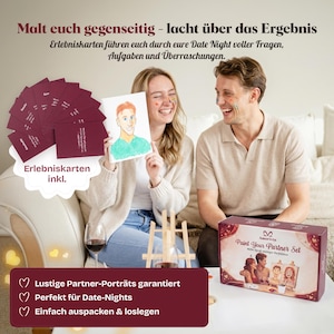 May include: A Paint Your Partner Set in a rectangular box with a burgundy and white design, featuring a set of burgundy cards with German text, a small wooden easel, and a hand-drawn portrait of a person with orange hair and a green shirt.