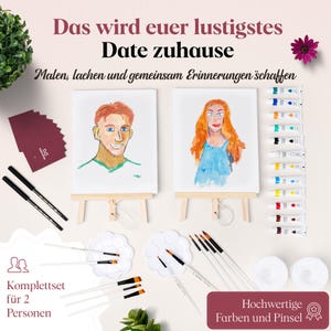 May include: A painting kit for two featuring two canvases on wooden easels with portraits, twelve tubes of paint, two flower-shaped palettes, and multiple brushes. Text reads: Das wird euer lustigstes Date zuhause, Malen, lachen und gemeinsam Erinnerungen schaffen, Komplettset f&uuml;r 2 Personen, Hochwertige Farben und Pinsel.