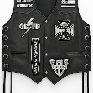 Black Label Society Leather Biker Vest: Skull & Patchwork, Heavy Metal Style