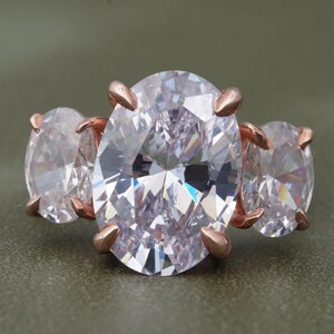 Oval Cut Moissanite Created Three Stone Diamond Engagement Ring, Oval Cut Side Diamonds, 14k Yellow Gold