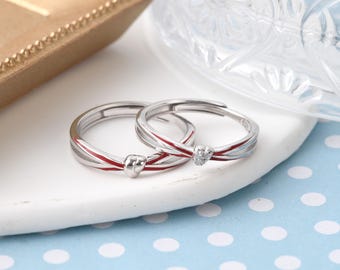 925 Sterling Silver Red Line Matching Bands, Adjustable Couple Rings, Free Engraved, CZ Wedding Ring Set, Personalized Anniversary Jewelry