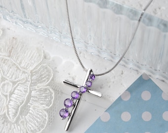 Purple CZ Cross Pendant Necklace in 925 Sterling Silver, Custom Engraved, Baptism Gift for Her