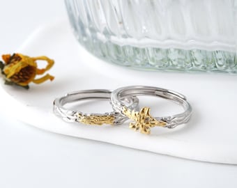 999 Sterling Silver Rose of Sharon Matching Rings, Silver Ring Set, Engraved, Adjustable, Hibiscus Ring, Two Tone, Custom Anniversary Rings