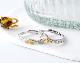 Golden Glow – Romantische 999 Sterling Silber Paar Ringe, Trauring Set, Verstellbarer Ring, Kostenlos Graviert, Versprechen Ringe