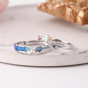 925 Sterling Silver Encounter in the Sea of Stars Matching Couple Rings, Adjustable, Free Engrave, Promise Ring Set, Custom Anniversary Ring