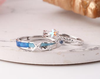 925 Sterling Silver Encounter in the Sea of Stars Matching Couple Rings, Adjustable, Free Engrave, Promise Ring Set, Custom Anniversary Ring
