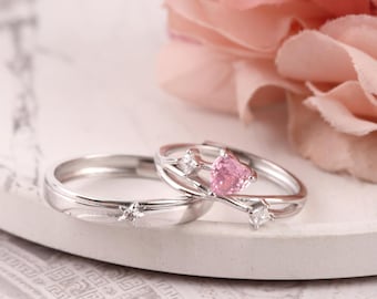 Juego de Anillos de Boda en Plata de Ley 925 con Corazón Rosa CZ, Ajustable, Asequible, Grabado, Juego de Anillos de Promesa