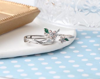 Peach Blossom Matching Couple Rings in 925 Sterling Silver, Adjustable Promise Ring Set, Free Engraved Anniversary Jewelry for Couples