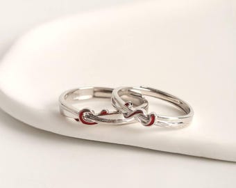 Pary pierścionków z czerwonym węzłem z 999 srebra próby, zestaw obrączek ślubnych „Wieczna więź”, regulowany pierścionek