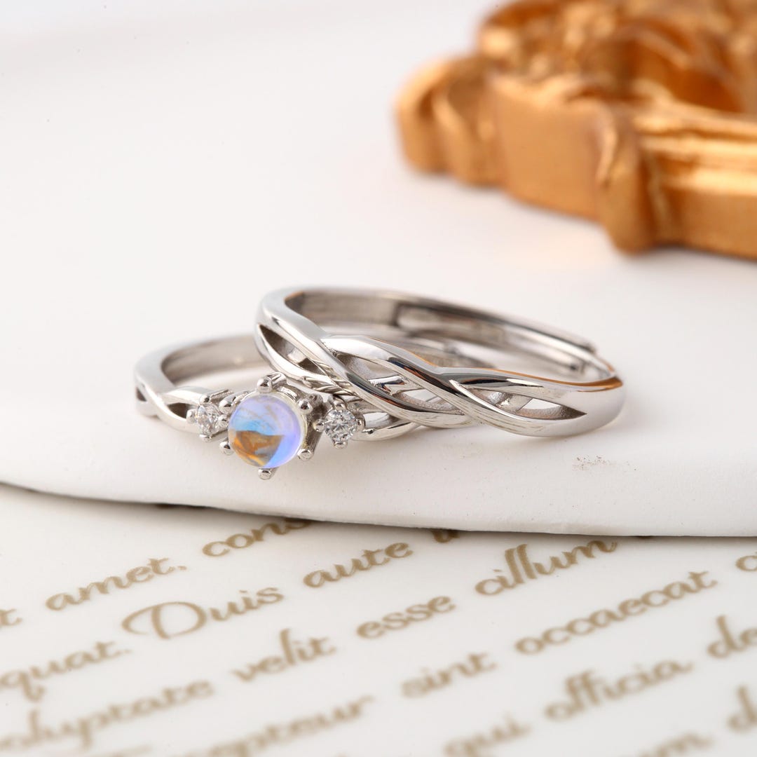 Moonstone Wedding Ring Set in 925 Sterling Silver, Free Engraving ...